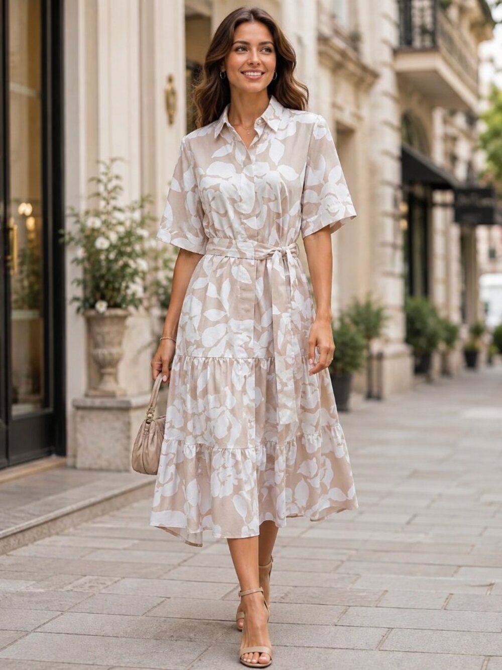 Calvin Klein Beige White Floral Tie-Waist Midi Shirt Dress Size 8, NWT